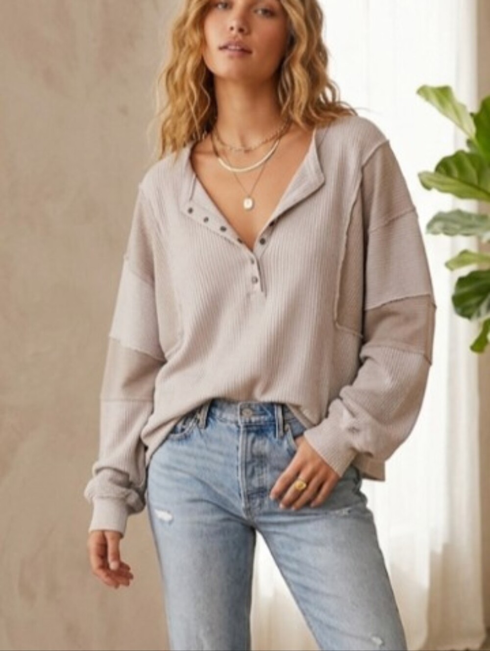 We The Free Callisto Henley Thermal in Silver Feather - Large Excellent